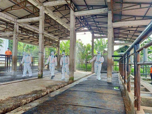 Bersinergi Bersama BPBD, Polres Batu Semprotkan Disinfektan di RPH dan Pasar Hewan