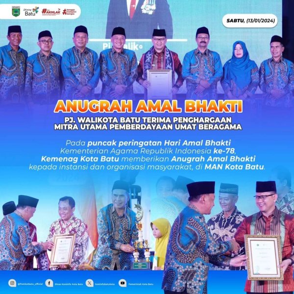 Hari Amal Bhakti Kemenag ke-78, Pj. Wali Kota Batu Dr. Aries Terima Penghargaan Mitra Utama Pemberdayaan Umat Beragama